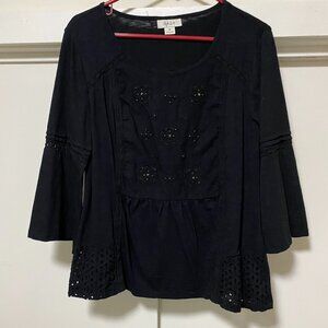 Style & Co. 3/4 length bell sleeve, black embellished blouse w/lace, size M